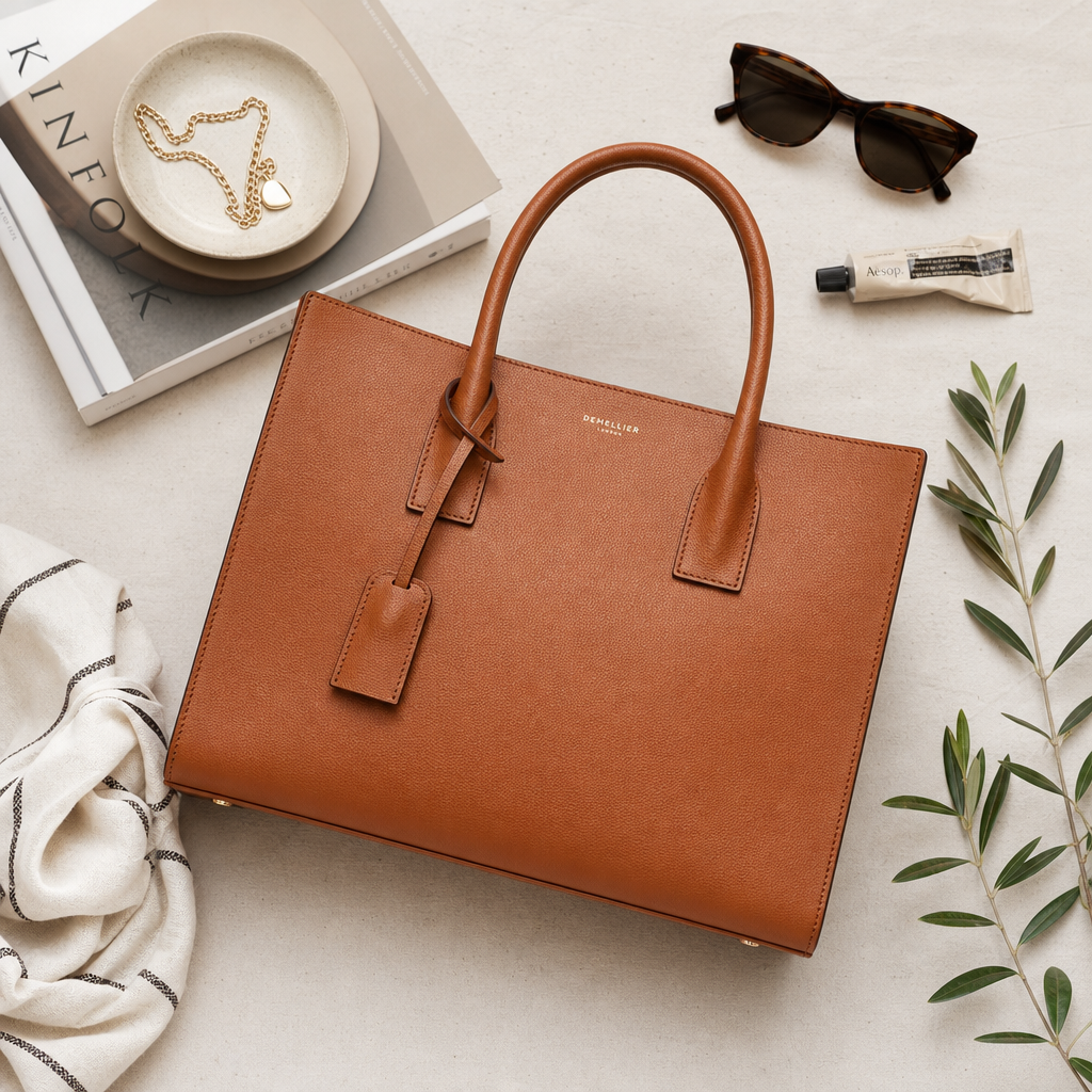 Structured leather tote bag flat lay