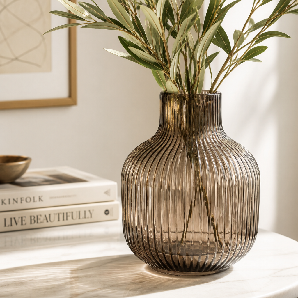 Ribbed fluted glass vase styled