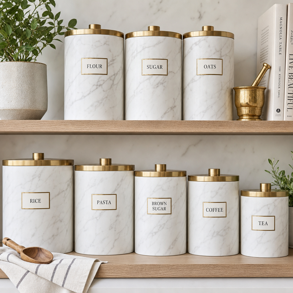 Marble-look pantry storage canisters styled