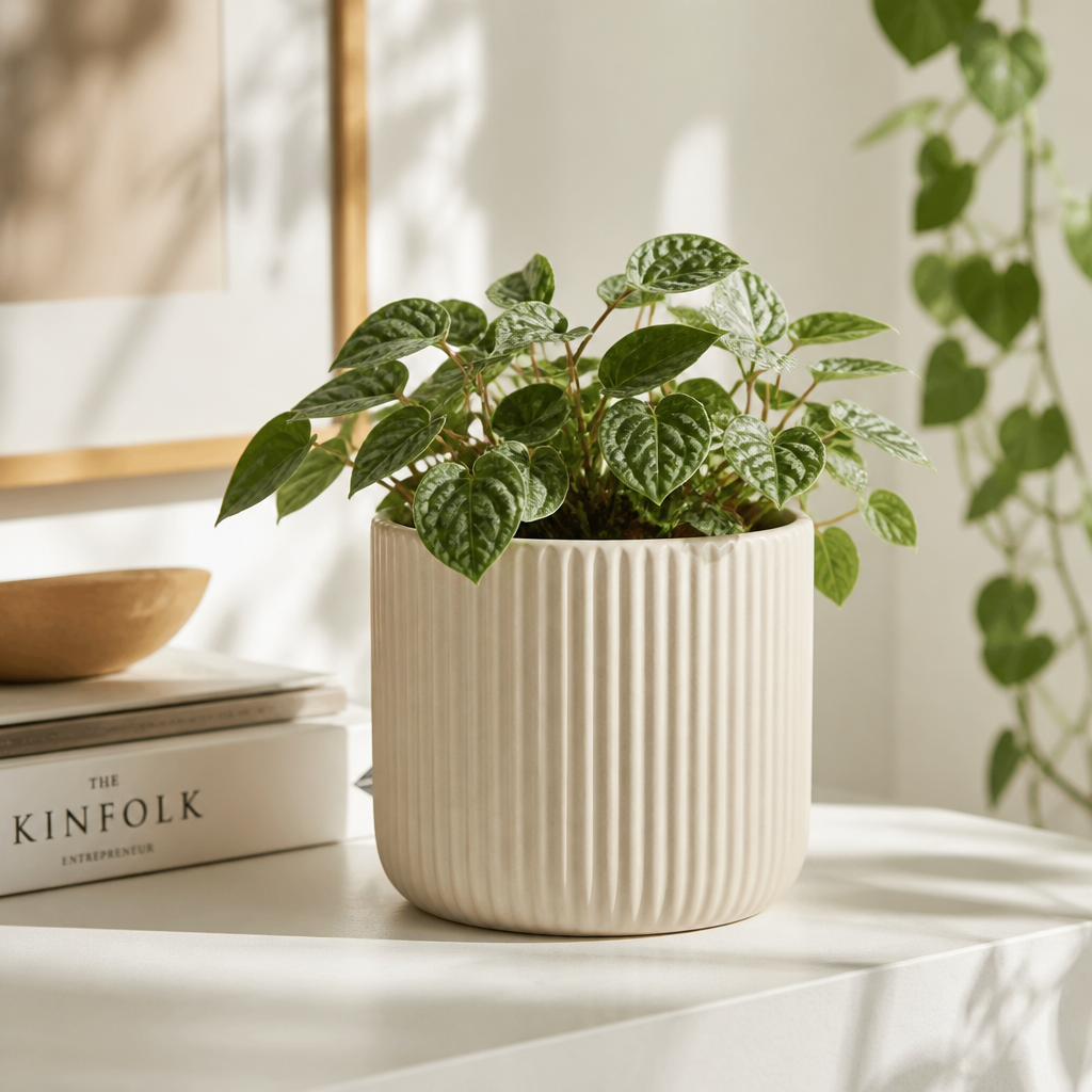 Ribbed ceramic planter styled with plant