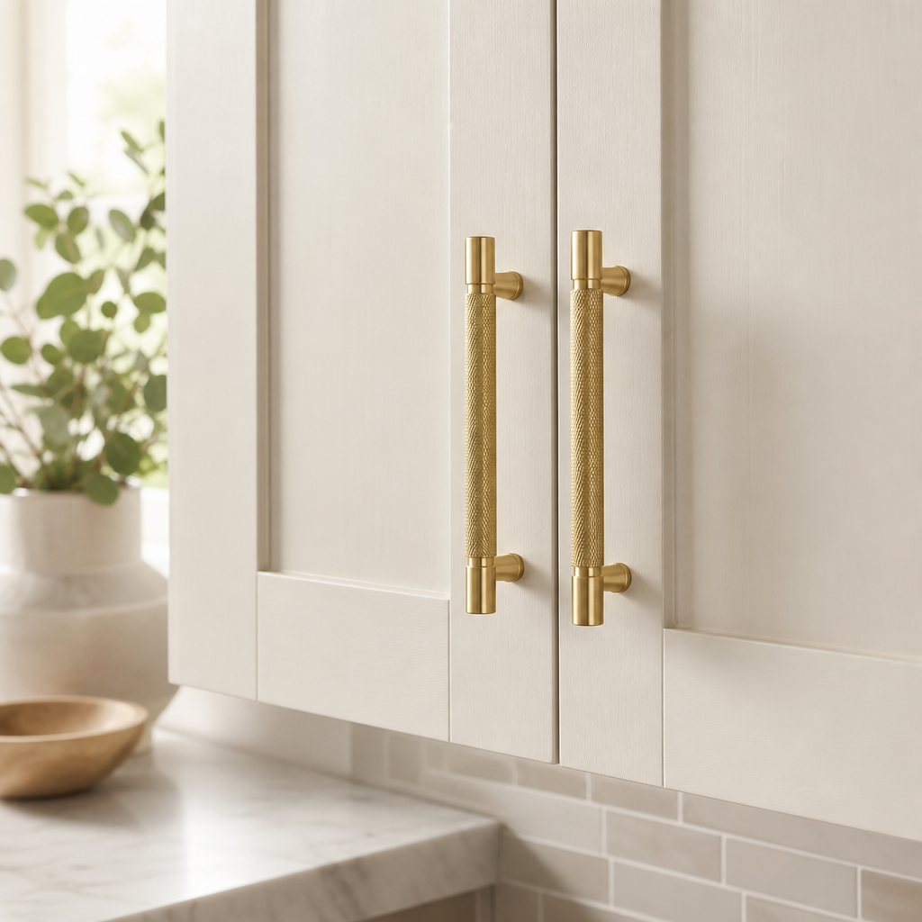 Brass cabinet pulls on kitchen cabinet
