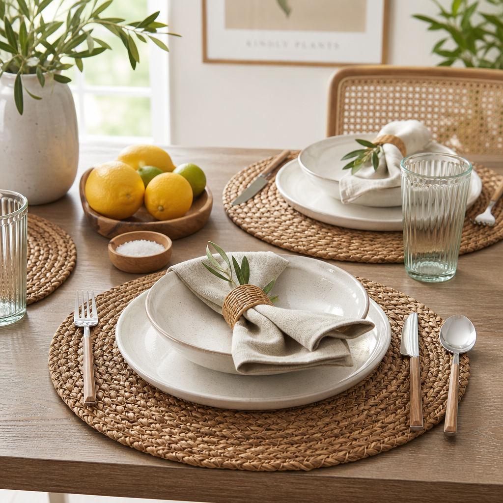 Woven placemats styled on a dining table