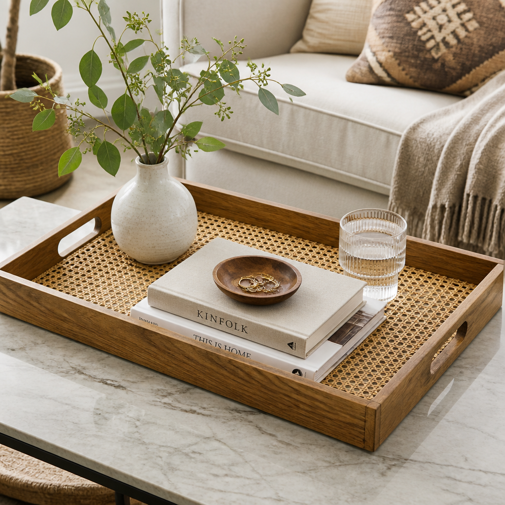 Wood and rattan serving tray styled on coffee table
