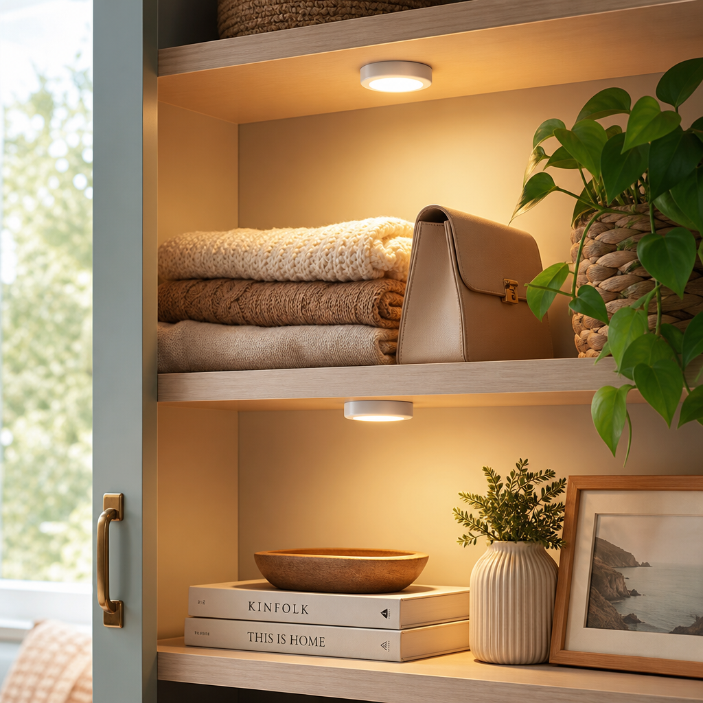 Warm LED puck lights glowing in a cabinet