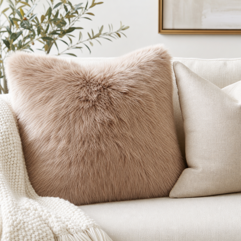 Faux fur throw pillow cover styled on a sofa