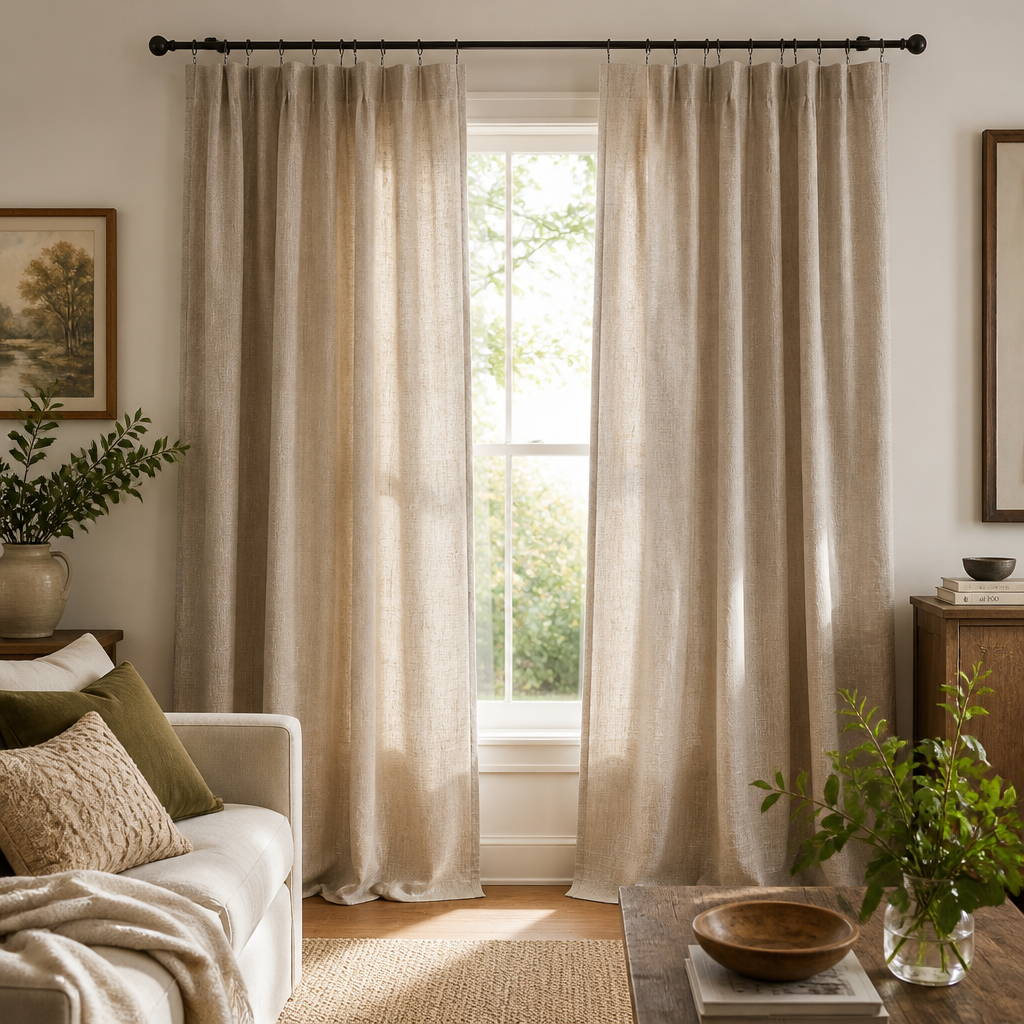 Linen-look curtain panels styled in a window