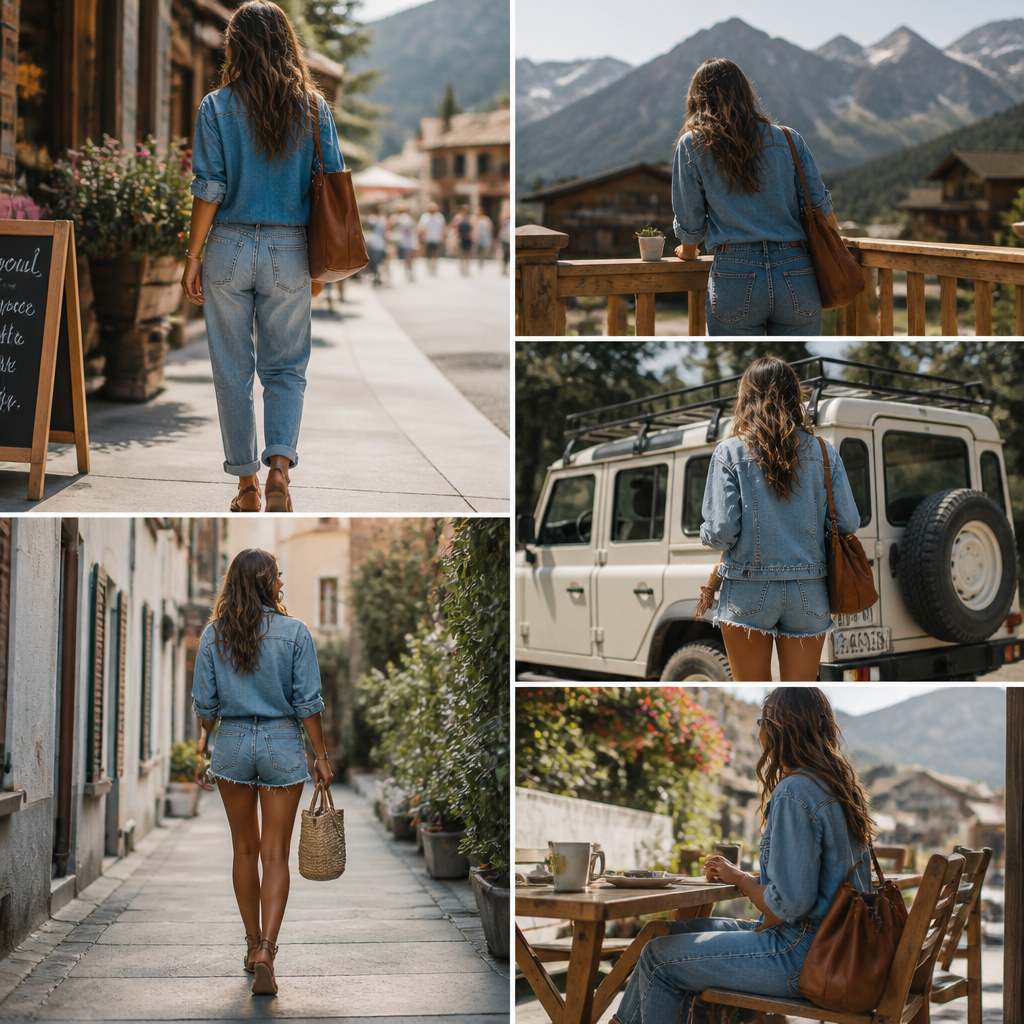 Woman styled in summer denim outfit outdoors