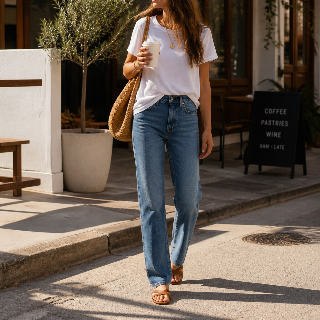 Woman wearing straight-leg jeans and white tee with coffee