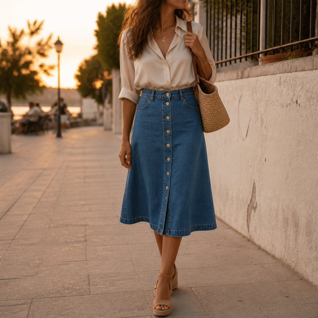 Woman wearing denim midi skirt with blouse for dinner