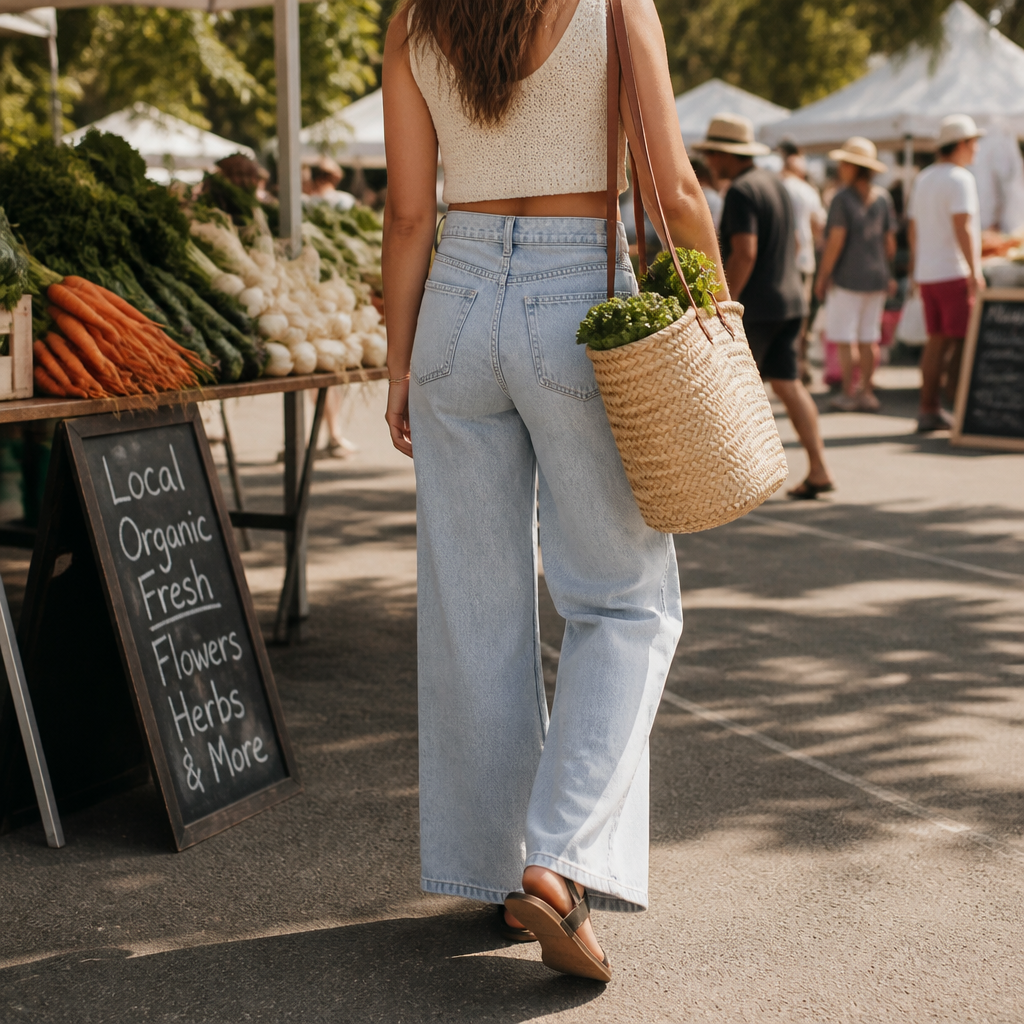 Woman wearing wide-leg jeans at farmers market with basket tote
