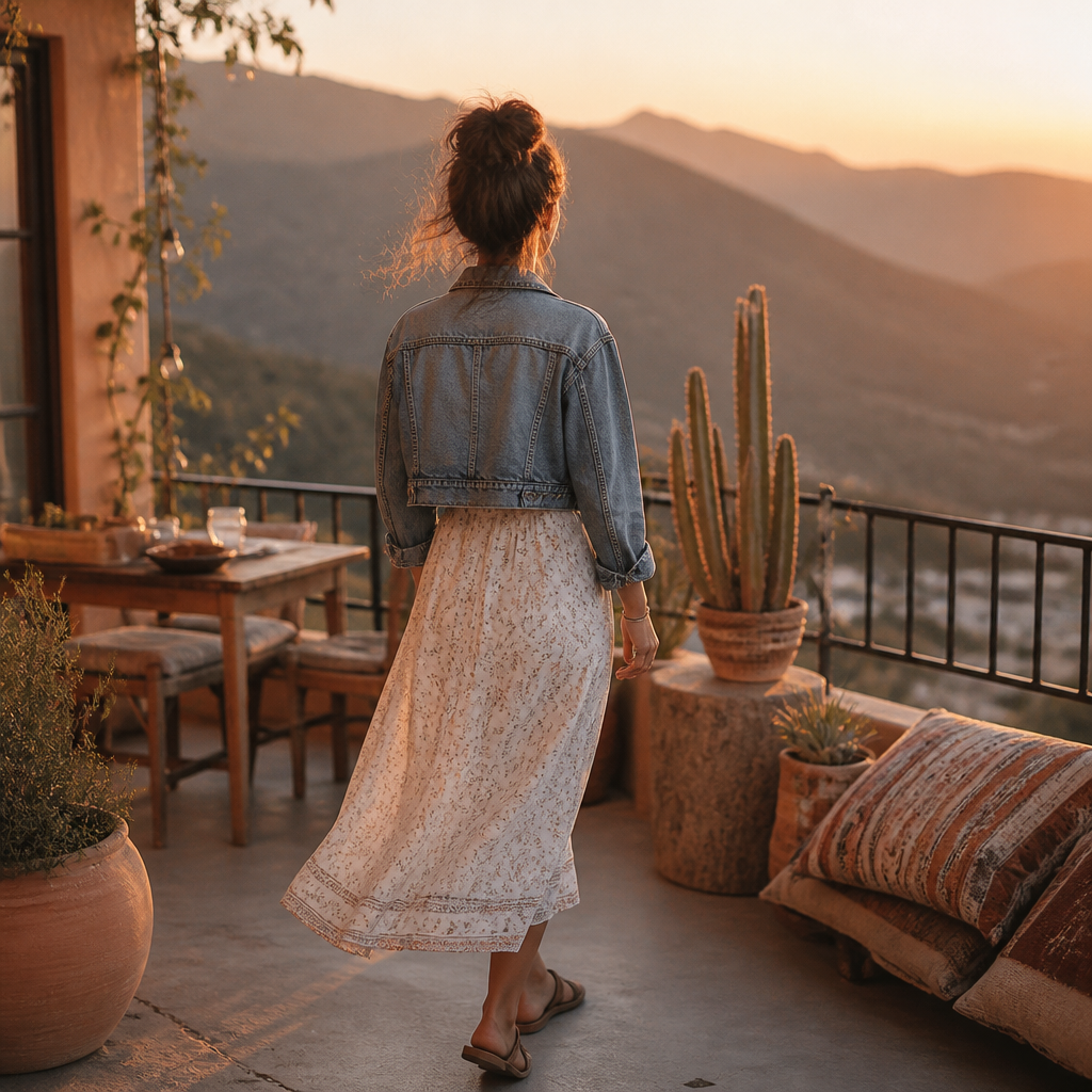Woman wearing denim jacket over sundress at sunset