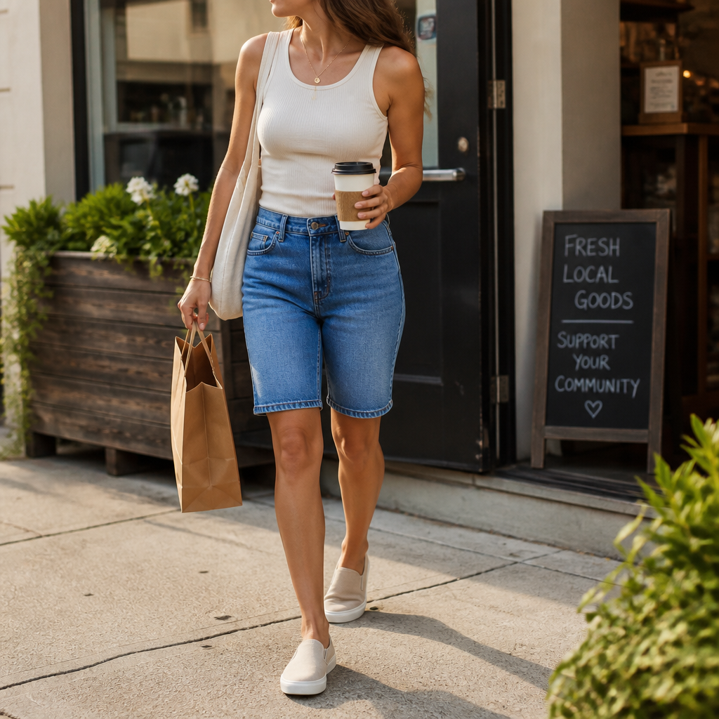 Woman wearing denim bermuda shorts and tank top