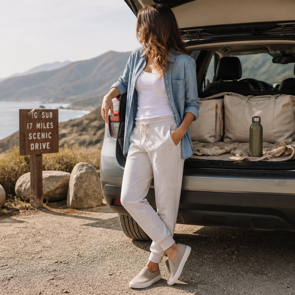Woman wearing chambray shirt with joggers for road trip