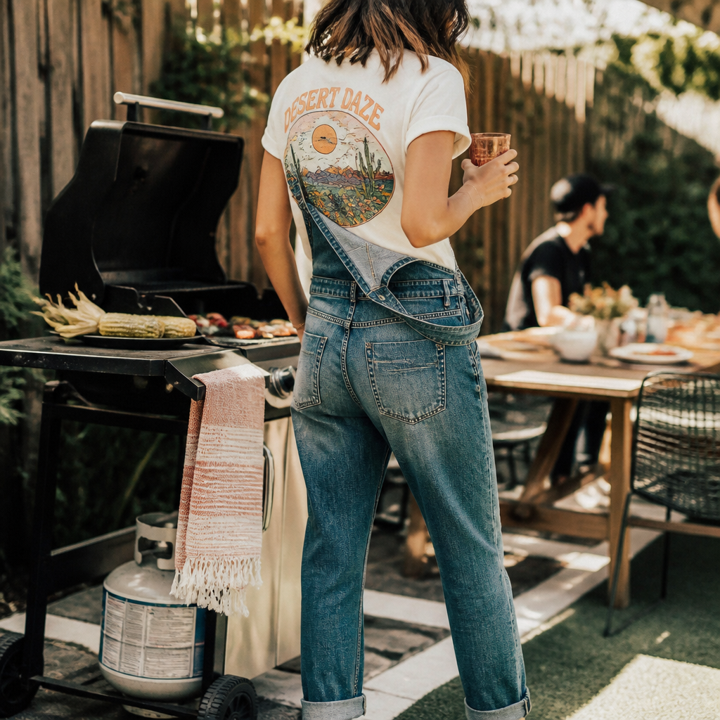 Woman wearing denim overalls with graphic tee at BBQ