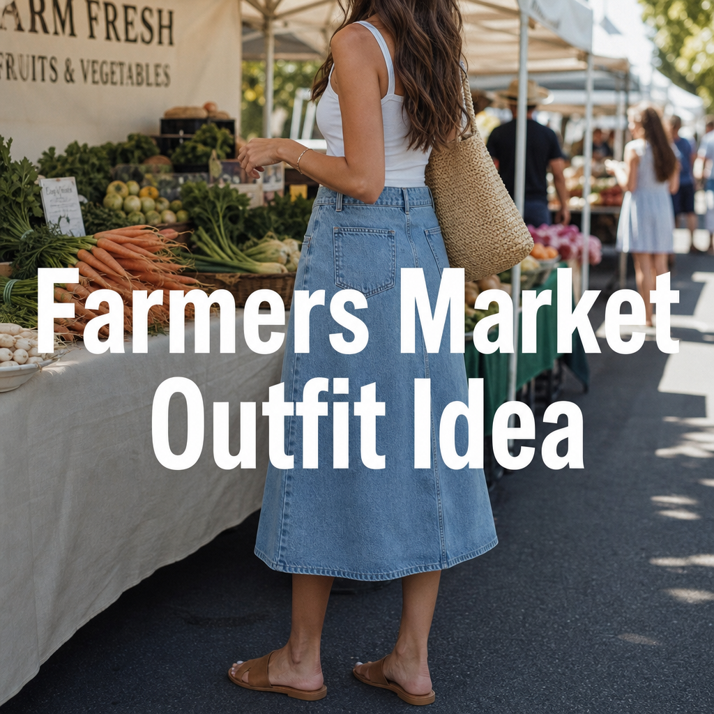 Woman in denim skirt and white tank at farmers market