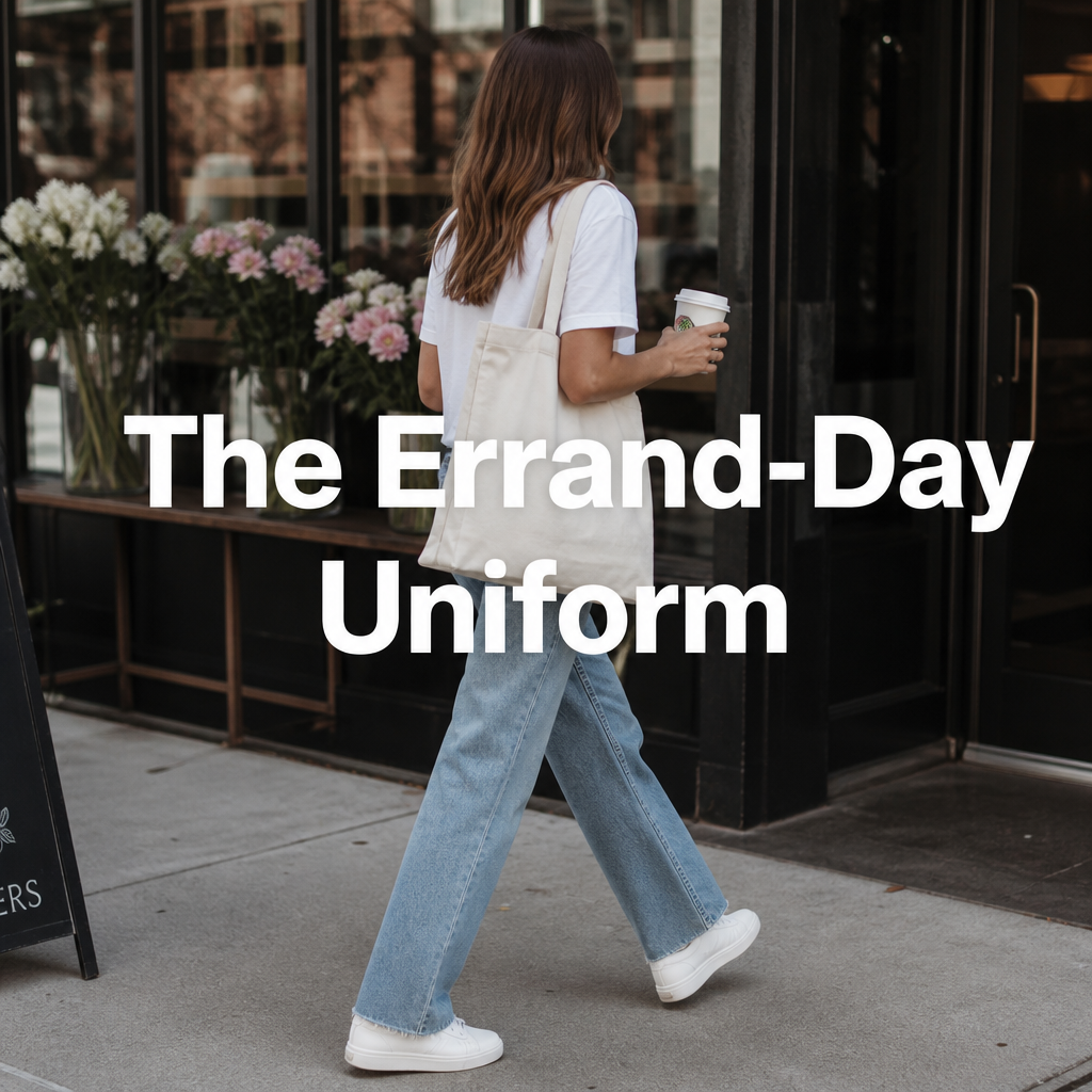 Woman in relaxed jeans and white tee running errands