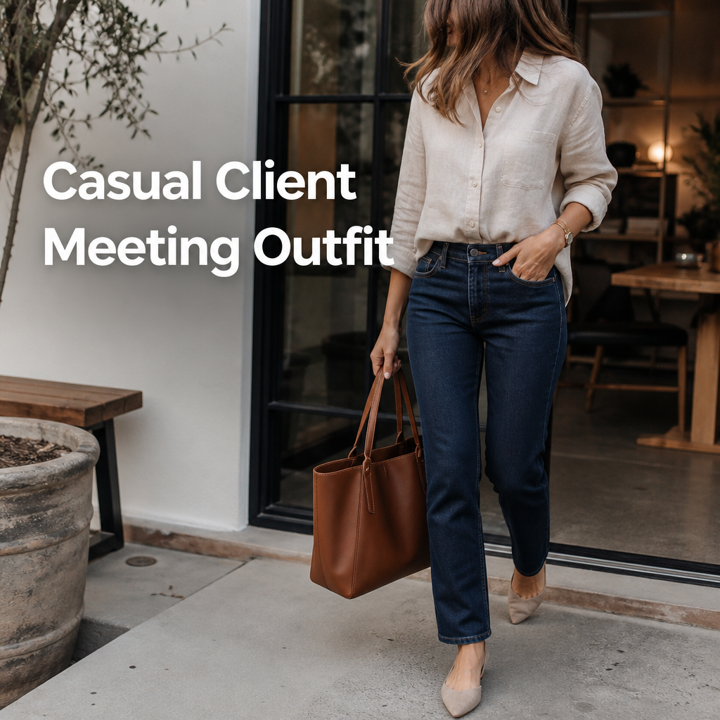 Woman in dark jeans and linen button-down for a casual client meeting