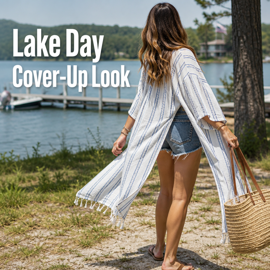Woman in crochet swim cover-up and denim shorts at the lake