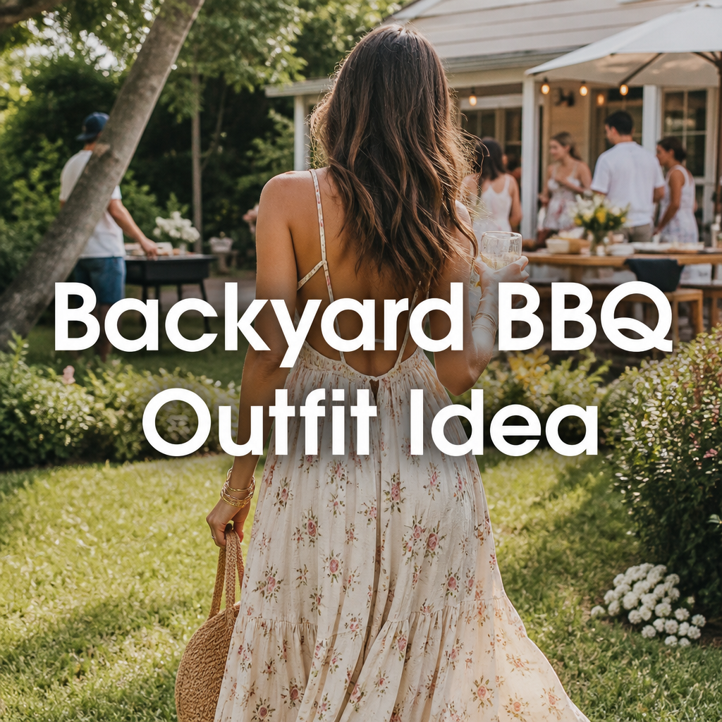 Woman in sundress with pockets at a backyard BBQ