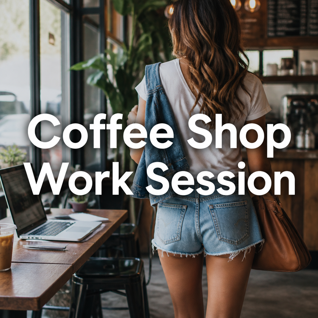 Woman in denim shorts, white tee, and denim jacket at a coffee shop