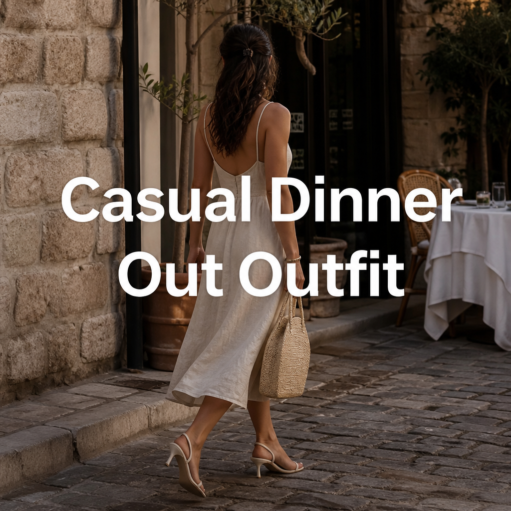 Woman in linen midi dress and strappy sandals for a casual dinner out