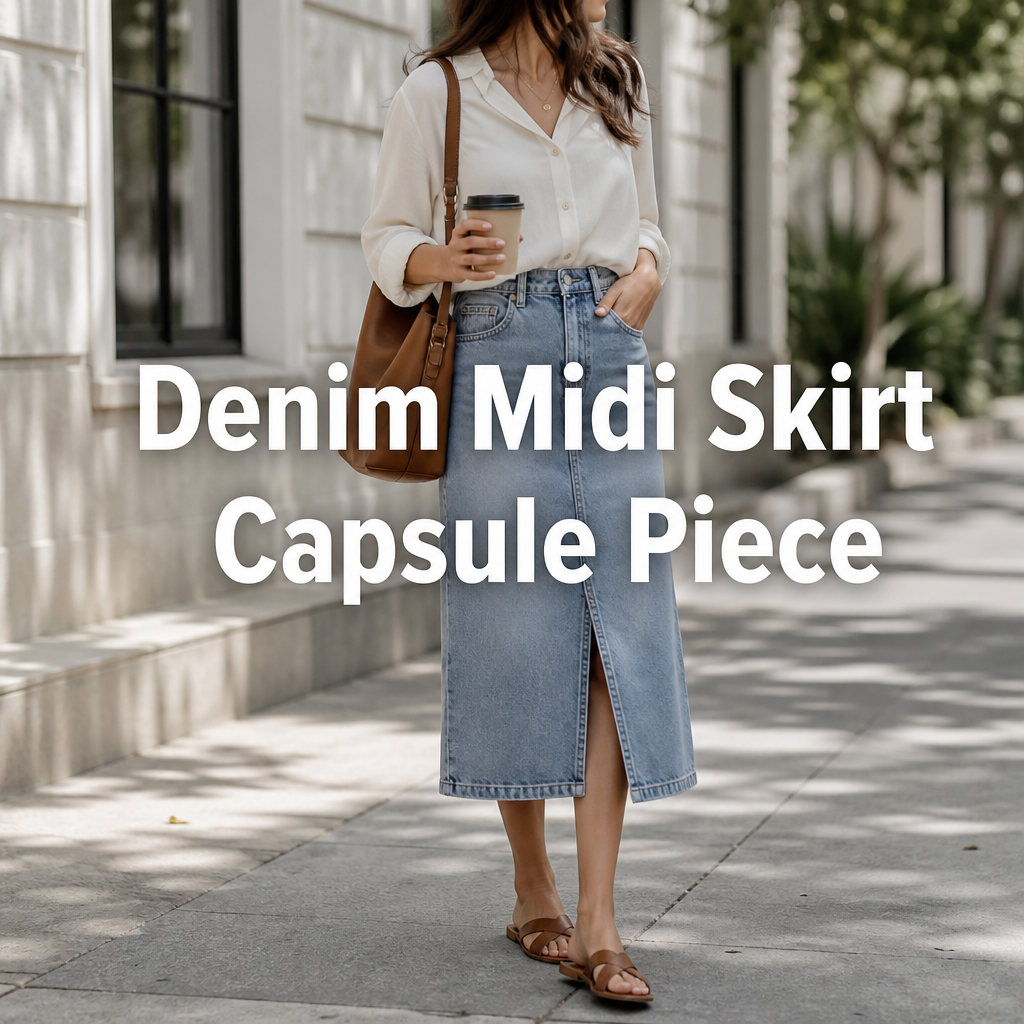 Woman wearing a denim midi skirt