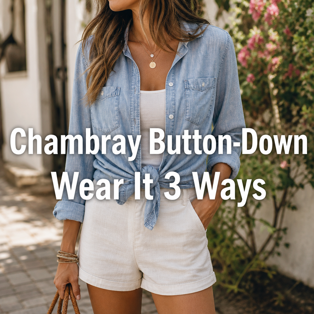 Woman wearing a chambray button-down shirt