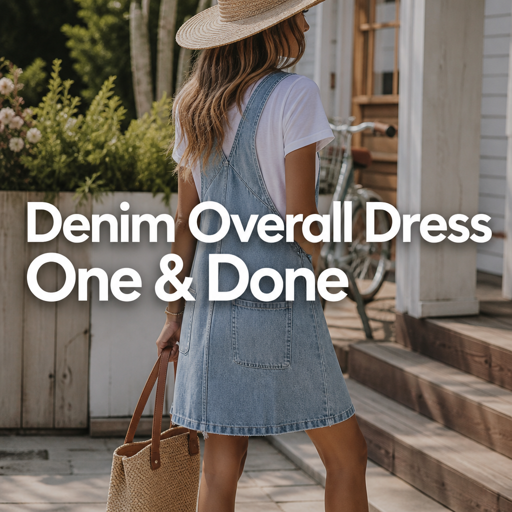 Woman wearing a denim overall dress