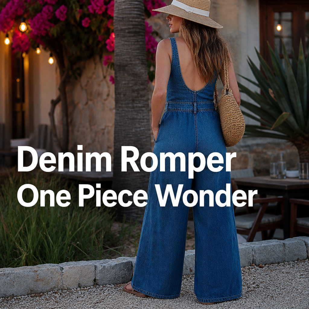 Woman wearing a denim romper or jumpsuit