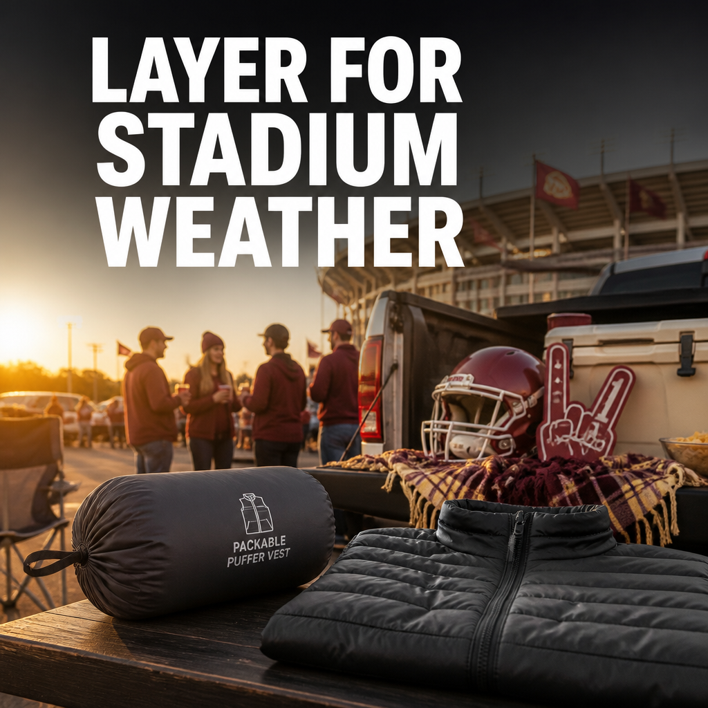 Layering for stadium weather at tailgate