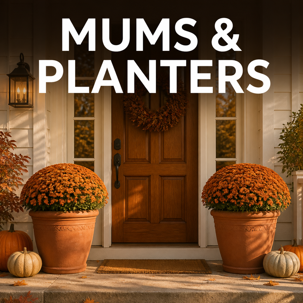 Fall front porch mums and planters