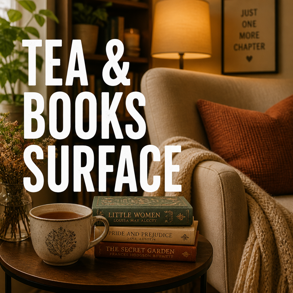 Reading nook tea and books surface