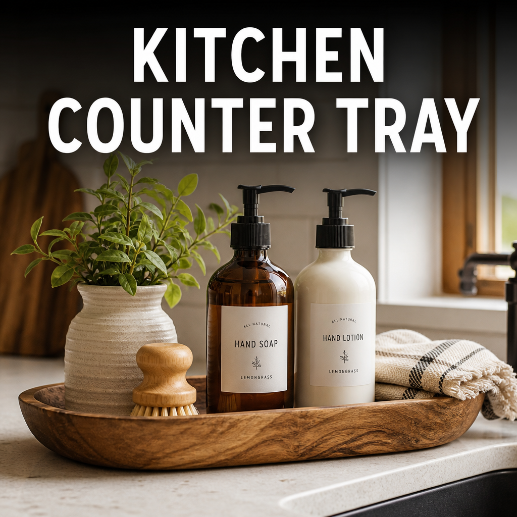 Wood kitchen counter tray styling