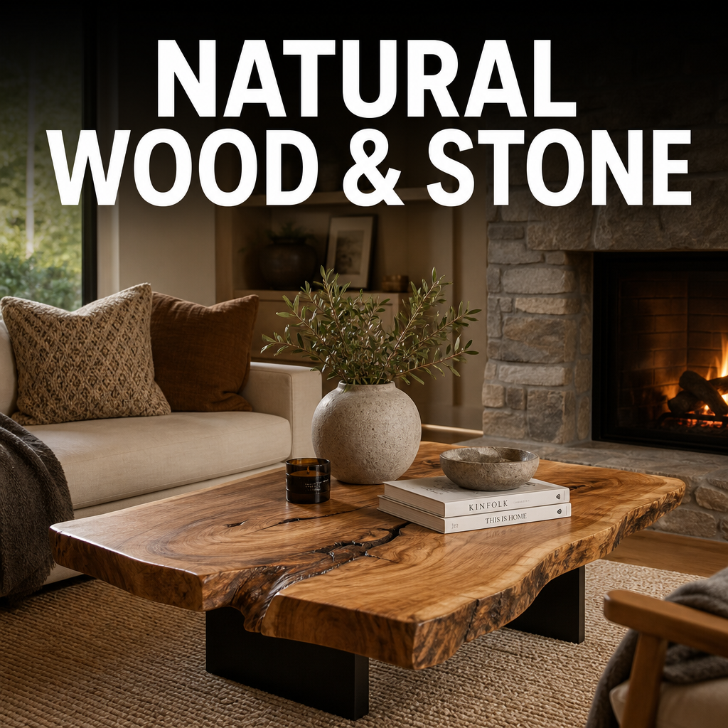 Nature-inspired living room wood and stone