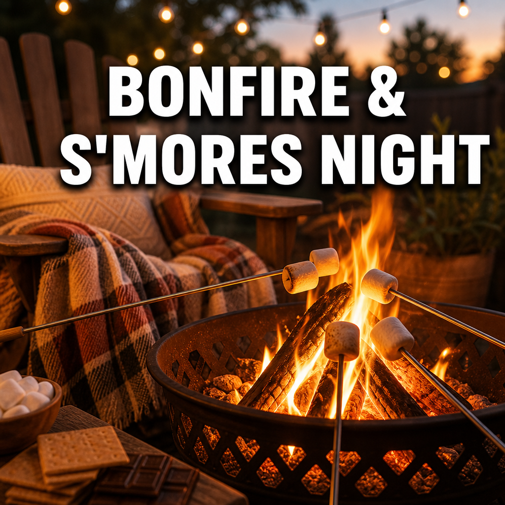 Backyard bonfire and s'mores date night with fire pit and blankets