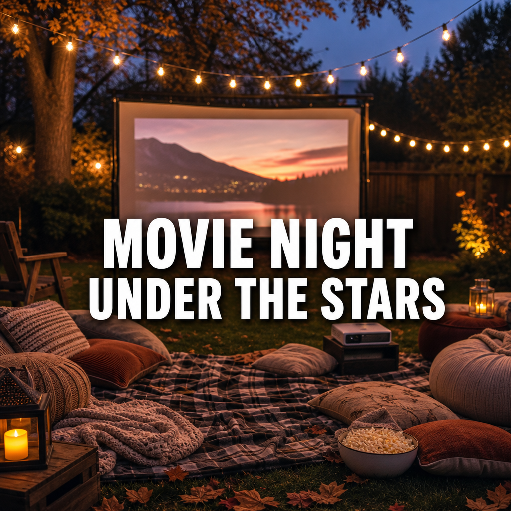 Cozy outdoor movie night date idea for fall with projector and blankets