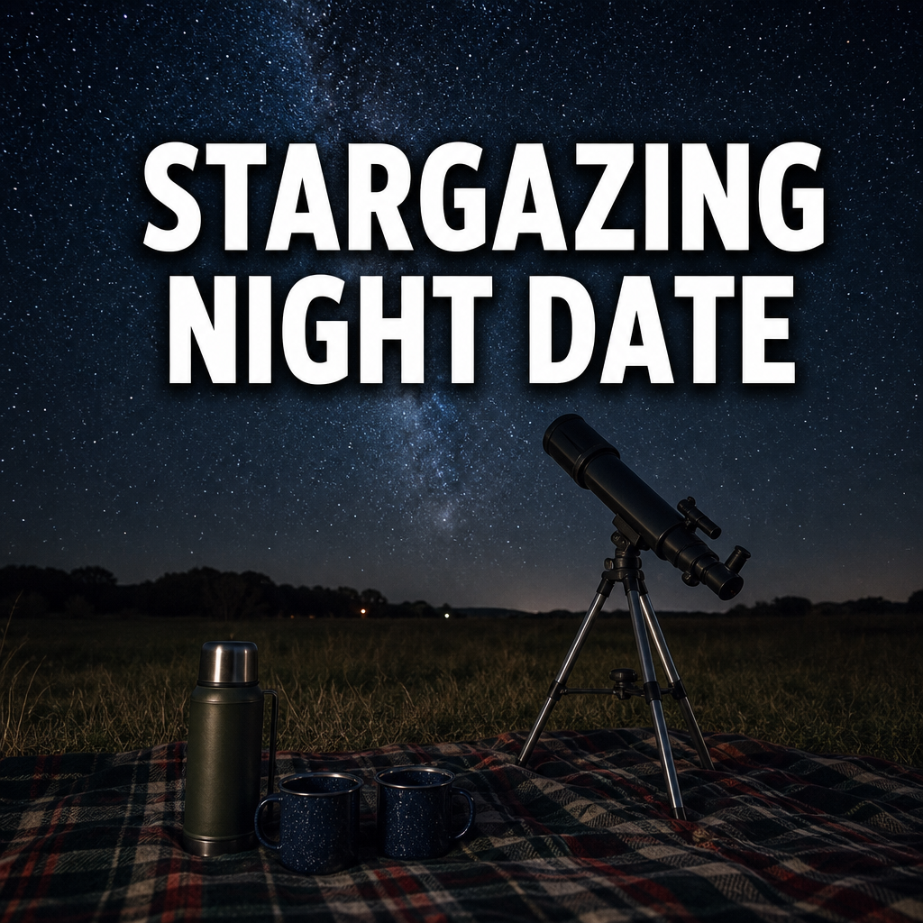 Stargazing date night idea with telescope and picnic blanket