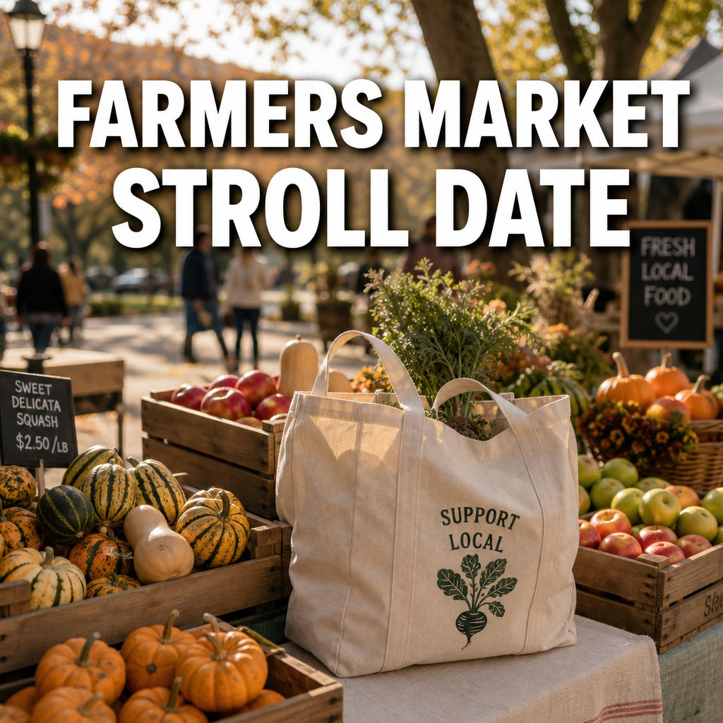 Fall farmers market stroll date night idea with canvas tote