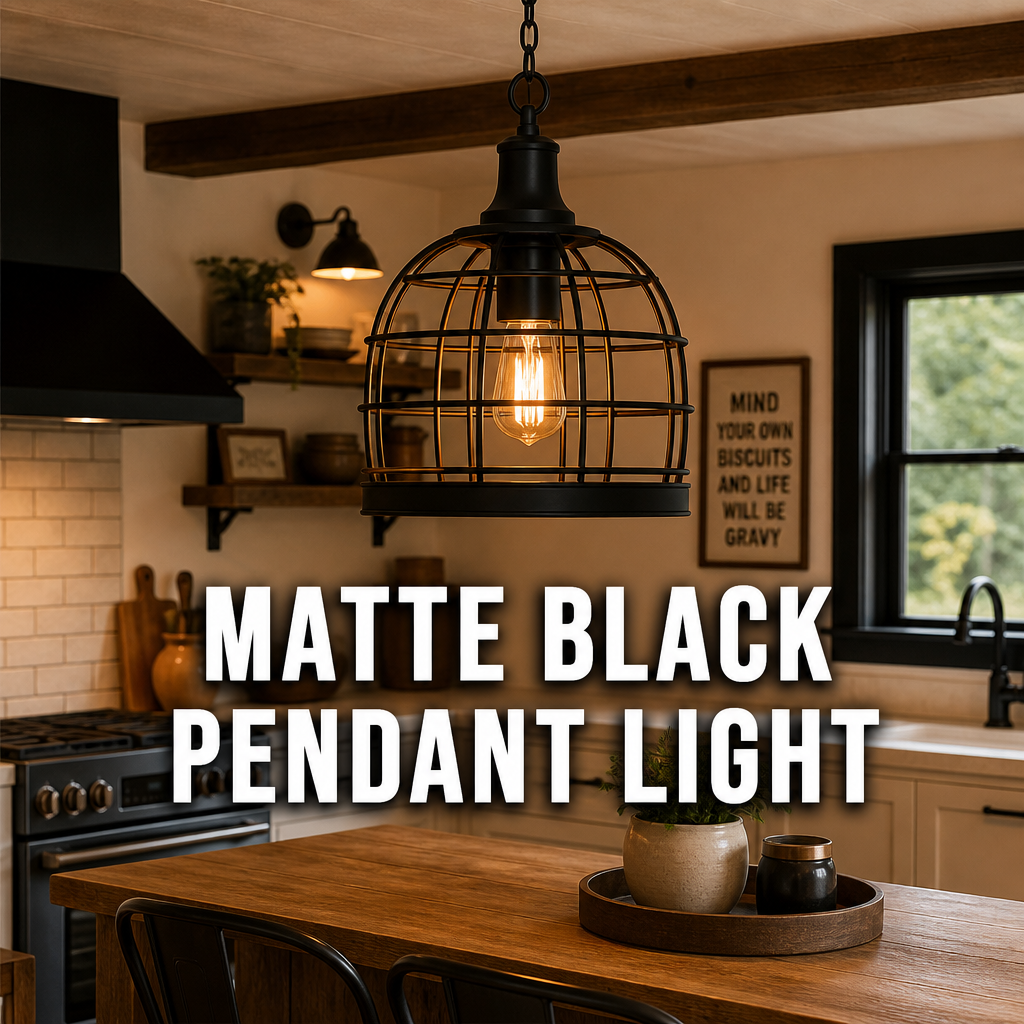 Matte black iron pendant light modern rustic kitchen