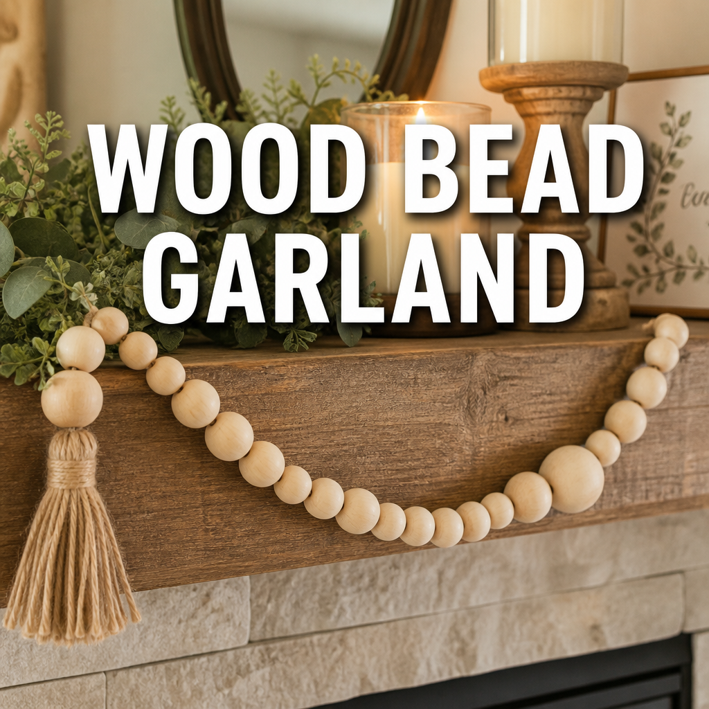 Wood bead garland modern rustic shelf styling