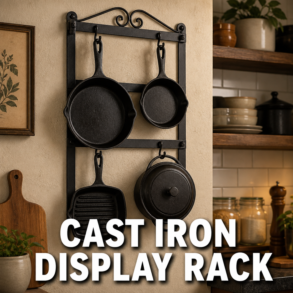 Cast iron cookware display rack modern rustic kitchen