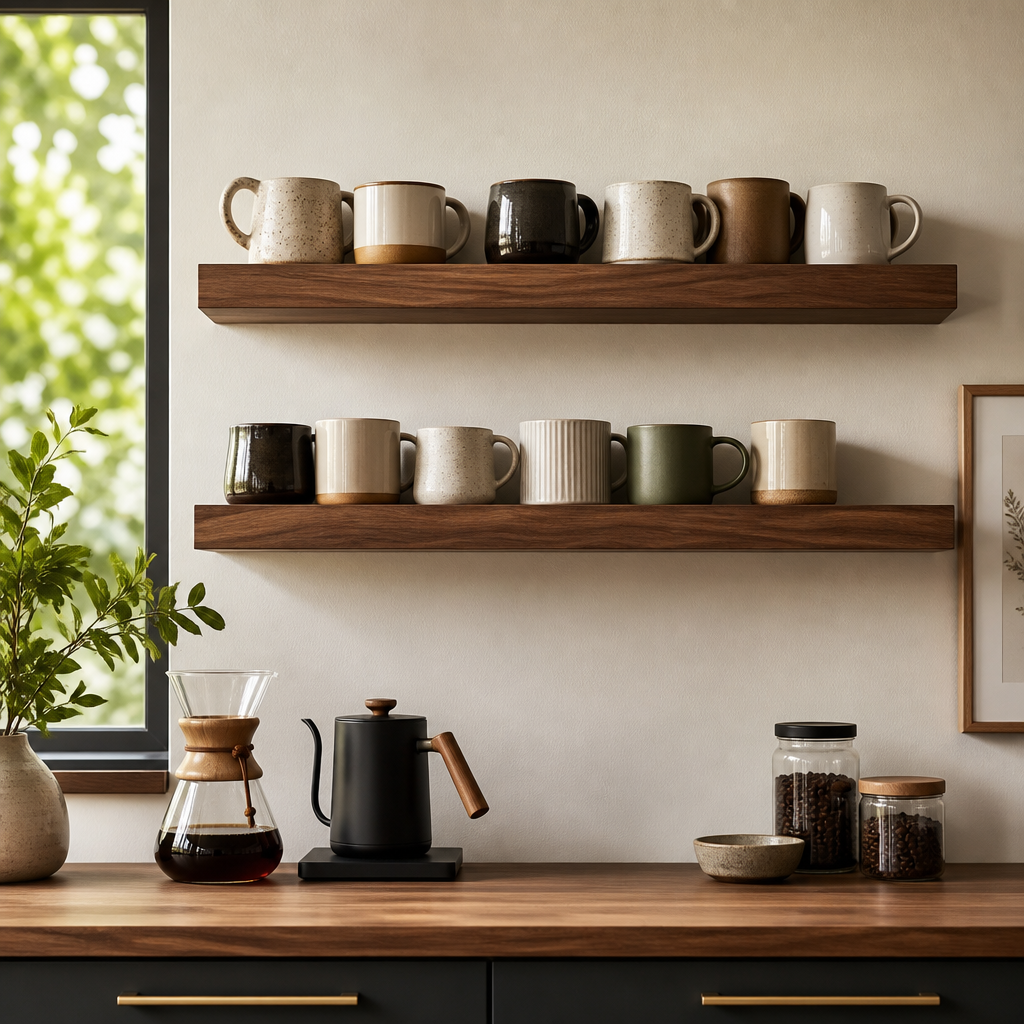 Wood floating shelves with mugs