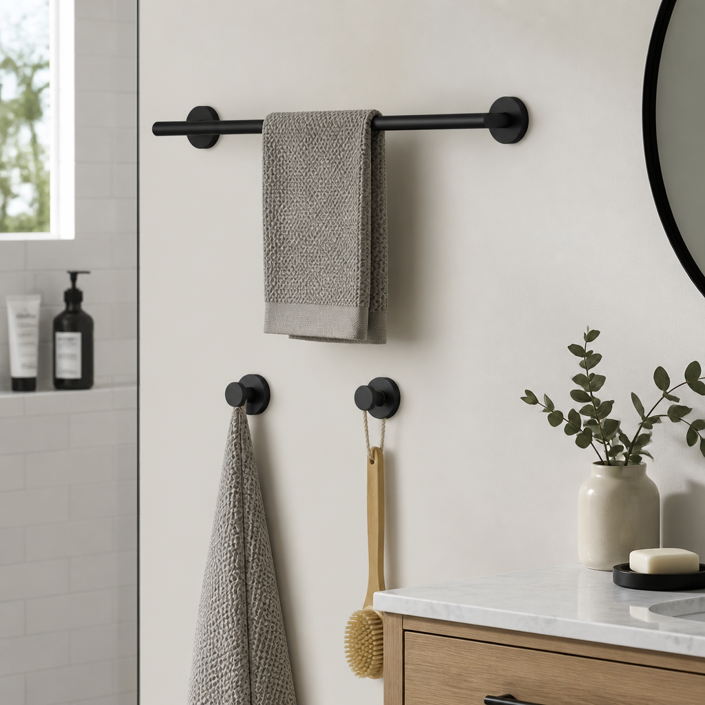 Matte black bathroom hardware