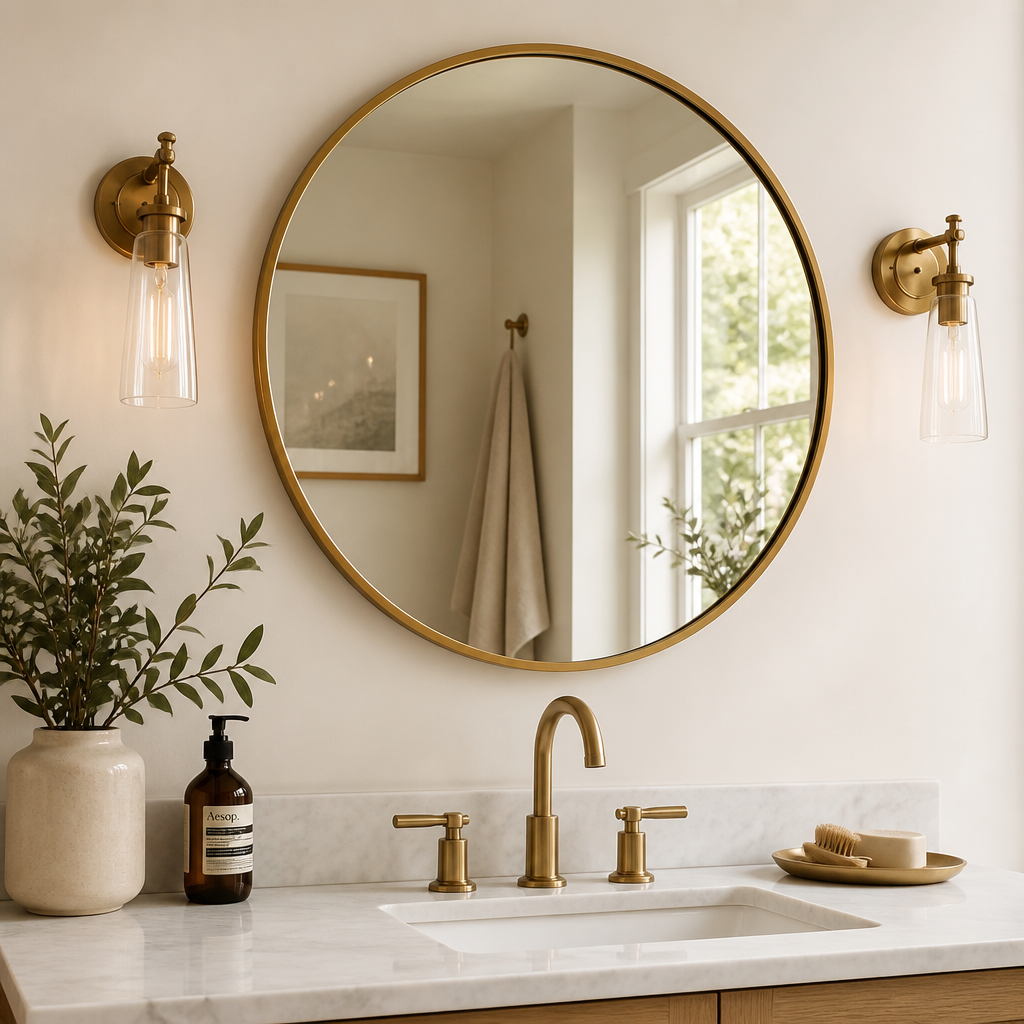 Framed round bathroom mirror