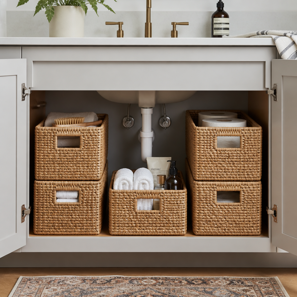 Woven storage baskets bathroom