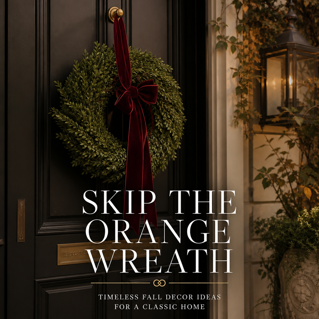 Preserved boxwood wreath with plaid ribbon on front door