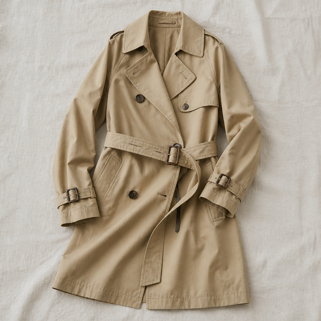 Choose a water-repellent cotton blend that drapes without bulk. A soft khaki or stone hue pairs with every palette, while a removable tie defines the waist. 