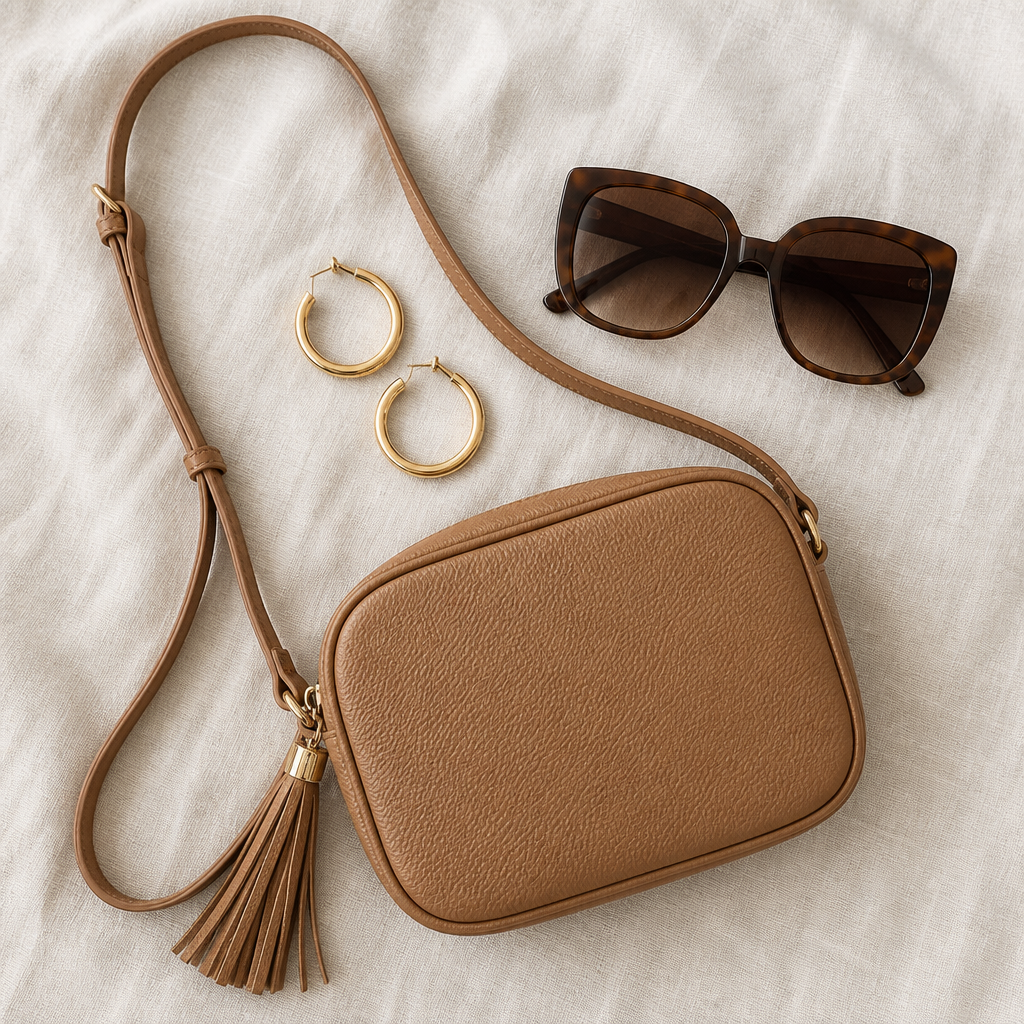 Anchor every outfit with gold hoop earrings, a neutral crossbody in buttery pebbled leather, and oversized sunnies. Stick to warm metallics and tan or black leather to harmonize across looks. 