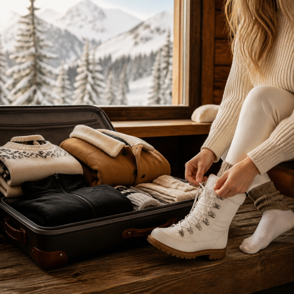 A packed suitcase of neutral-toned ski trip essentials sits beside a window overlooking snow-covered mountains, capturing the cozy, well-prepared feeling of this 42-item ski trip packing list.