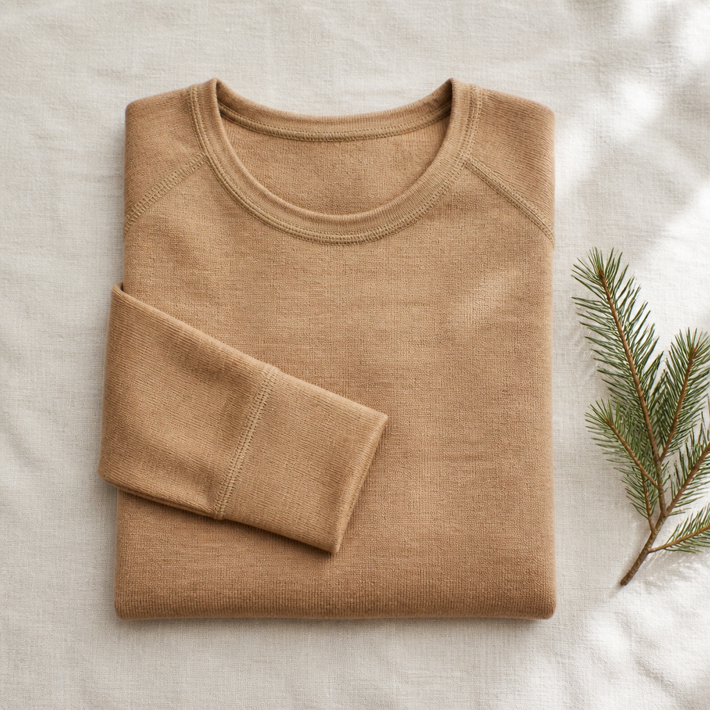 A neatly folded camel merino wool base layer top, the first item on this ski trip packing list — warm, breathable, and odor-resistant for multi-day wear.